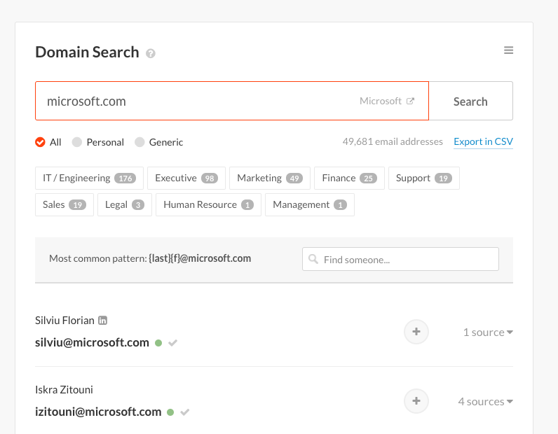 Hunter Domain Search Job Title Filter