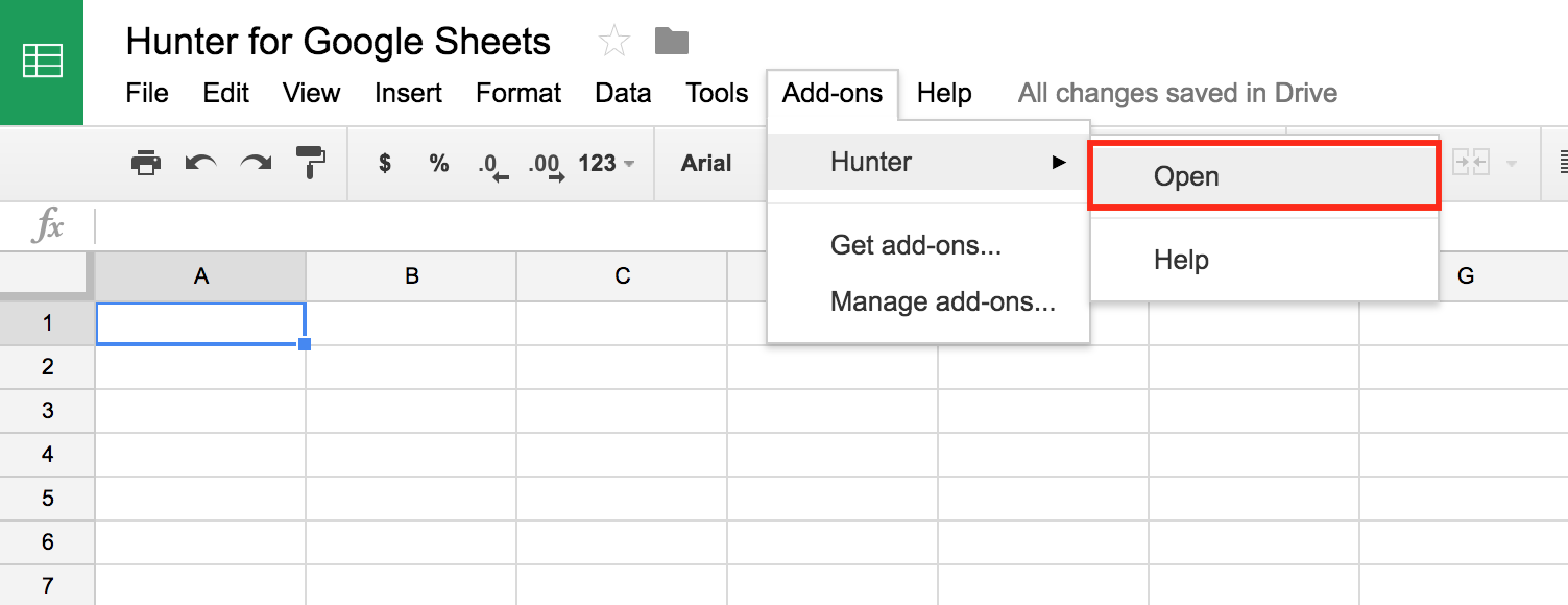 Hunter Google Sheets Add-On Selection