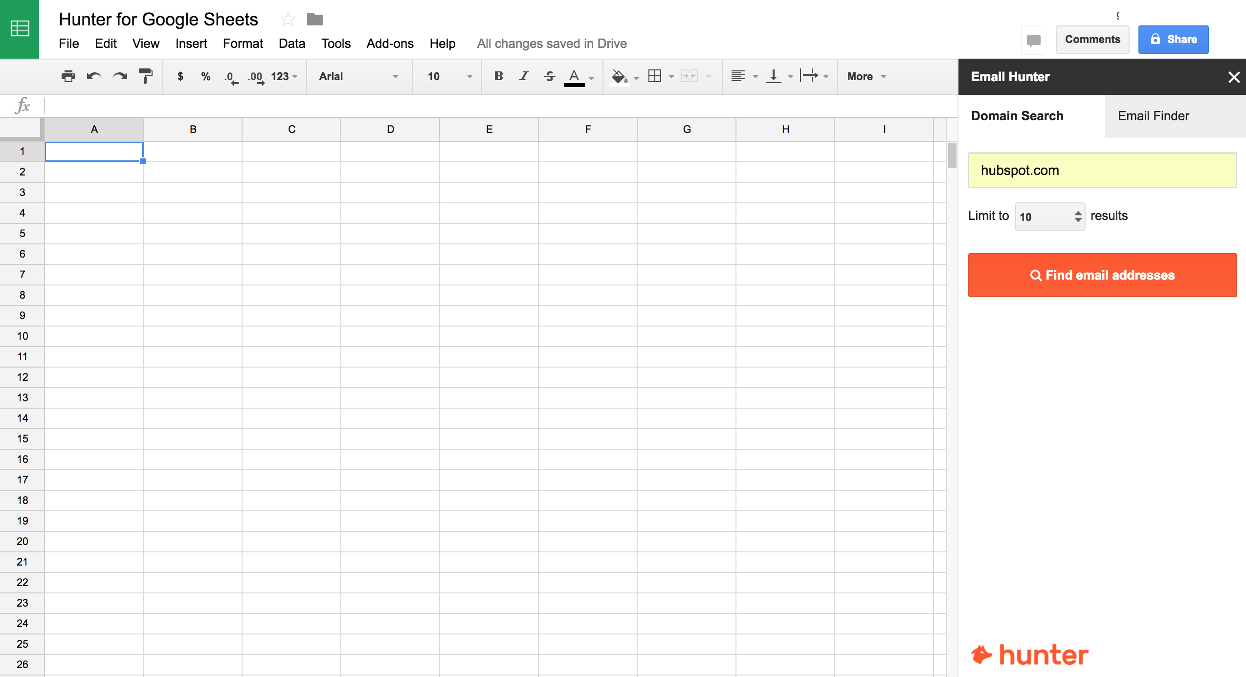 Hunter Google Sheets Add-On Domain Search