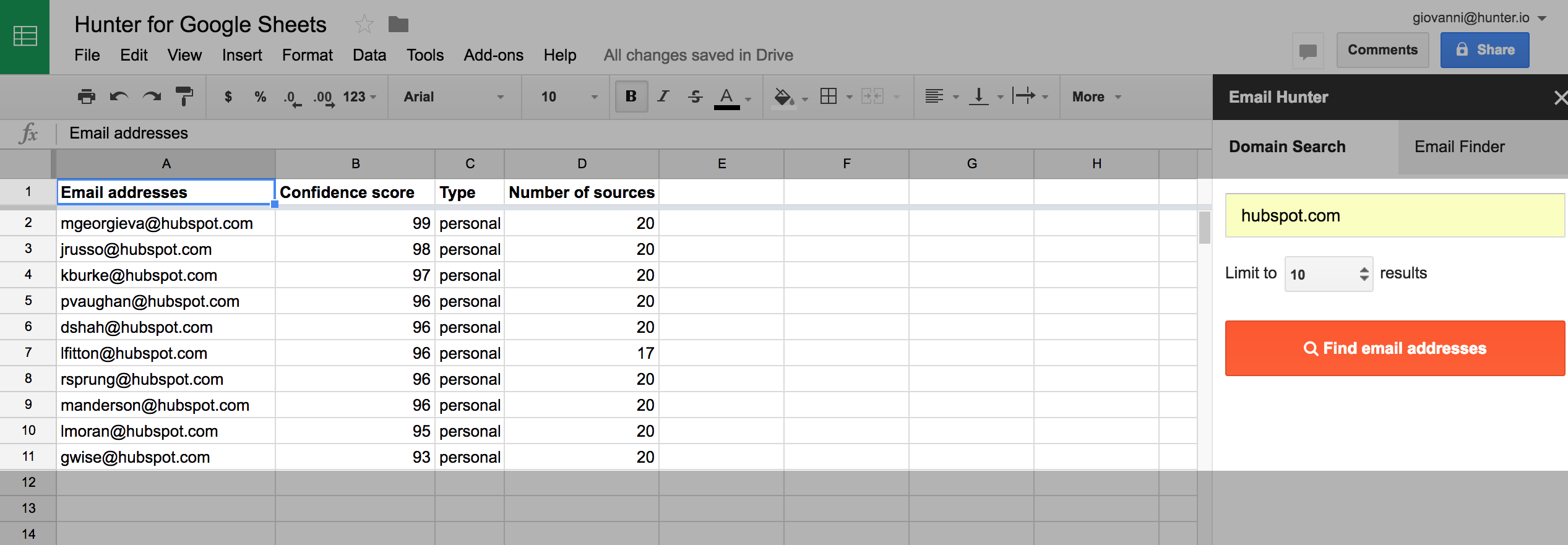 Hunter Google Sheets Search Results