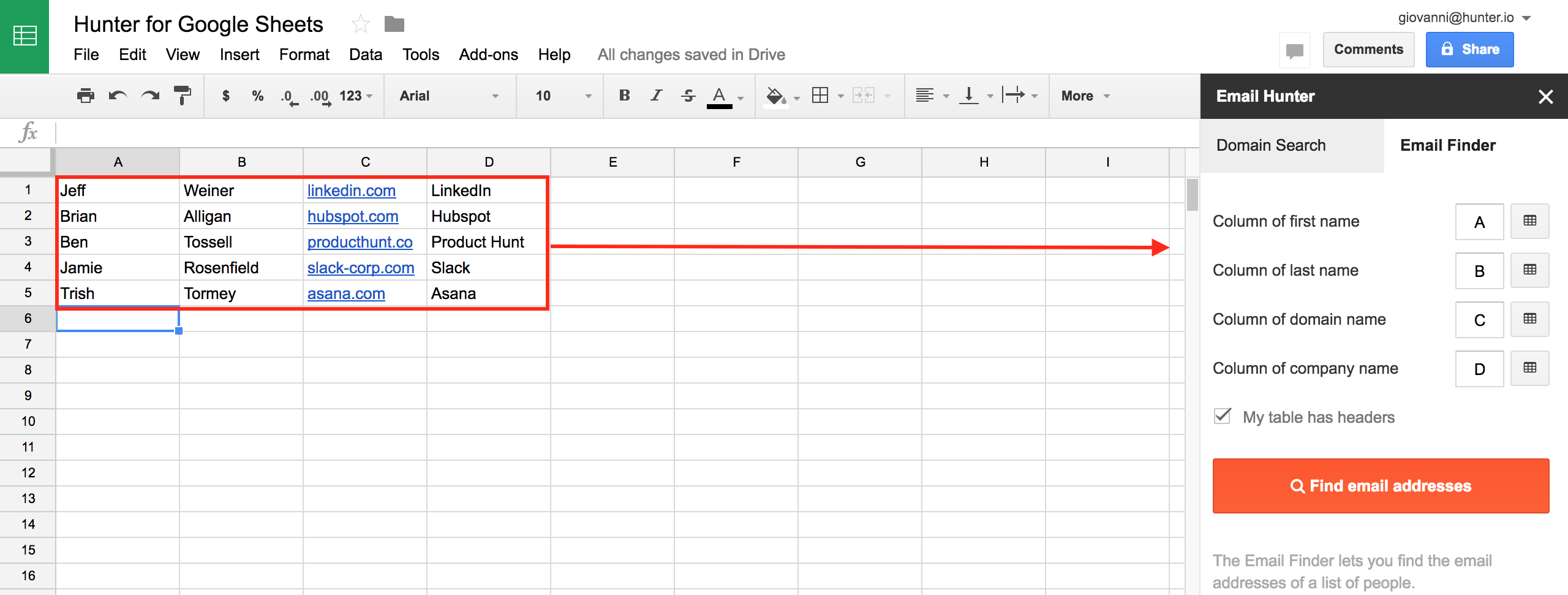 Hunter Google Sheets Email Finder