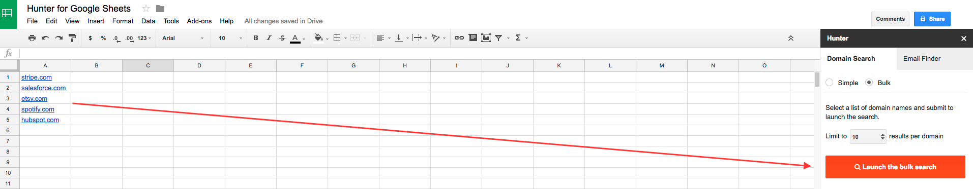 Hunter Google Sheets Bulk Domain Search