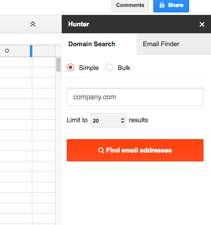 Hunter Google Sheets Add-On View